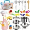 Sundaymot Ensemble de Cuisine pour Enfant, Ustensiles de Cuisine Jouet en Bois avec Acier Inoxydable Casseroles et Poêles,Tab