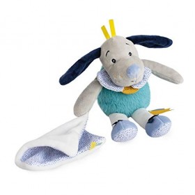 BABY NAT - Peluche Chien avec Doudou Mouchoir - 22 cm - Gris/Vert - Cadeau Naissance Mixte - Chien Pépin - BN0447