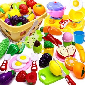 Airlab Jouet Plastique Fruit et Légume à Découper, 49 PCS Enfant Dinette Nourriture Accessoire Ustensile Cuisine, Cadeau Anni