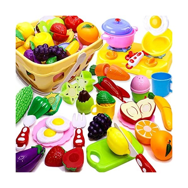 Airlab Jouet Plastique Fruit et Légume à Découper, 49 PCS Enfant Dinette Nourriture Accessoire Ustensile Cuisine, Cadeau Anni