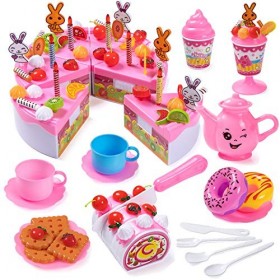 Czemo Gâteau danniversaire Jouet 99 Pièces Dinette Accessoire Cuisine Enfant Jouet à Couper avec Bougies, Fruit, Crème glacé