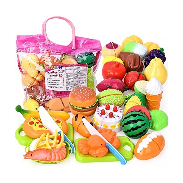 Fegalop 32 Pièces Jouets en Plastique Fruits et Légumes à Découper, Dinette Enfant Accessoire Cuisine Jouet, Chef Jeu de rôle