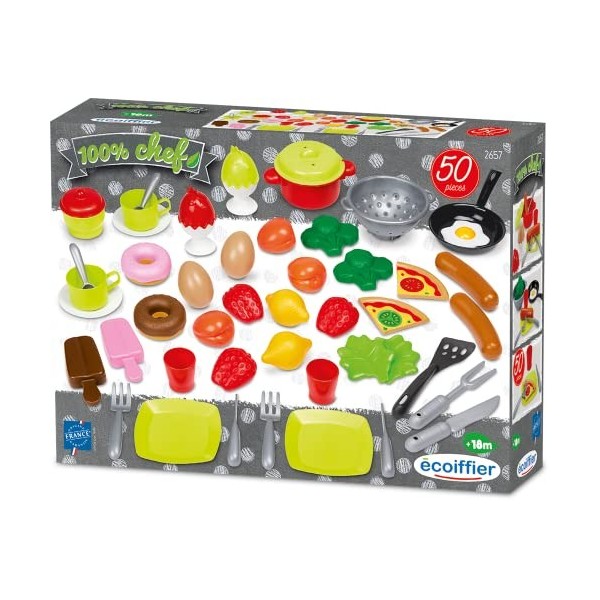 Jouets Ecoiffier - 2657 - Boite alimentation : 50 pièces dont des aliments et ustensiles de cuisine - Jeu dimitation - Dès 1