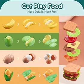 Kopi Corgi Cuisine Enfant Ensemble,67PCS Dinette Enfant Nourriture Accessoire Ustensile avec Panier de Rangement,Fruits et Lé