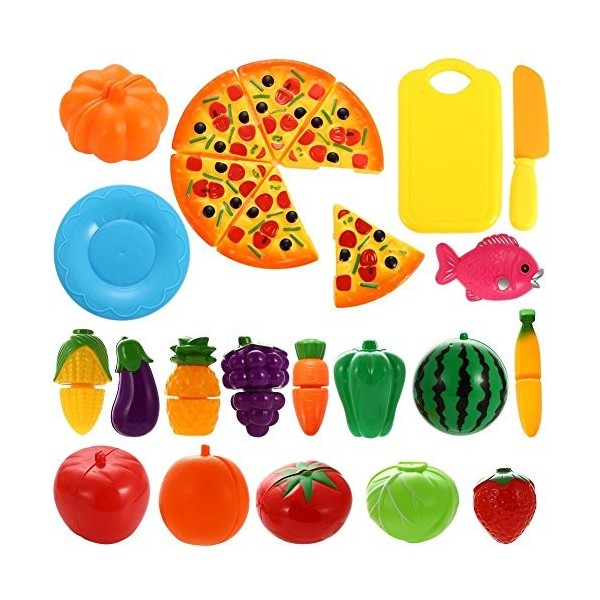 NIWWIN Ensemble de 24 pièces d’Aliments en Jouets pour Enfants Plastique Pizza découpée Fruits et légumes