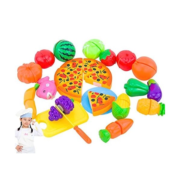 NIWWIN Ensemble de 24 pièces d’Aliments en Jouets pour Enfants Plastique Pizza découpée Fruits et légumes