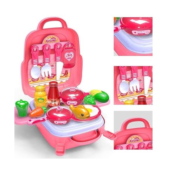 TLHWIN Ensemble de Jouets de Jeu de Batterie de Cuisine en Plastique Sac à Dos Portable pour Enfants Semblant de Couper des A