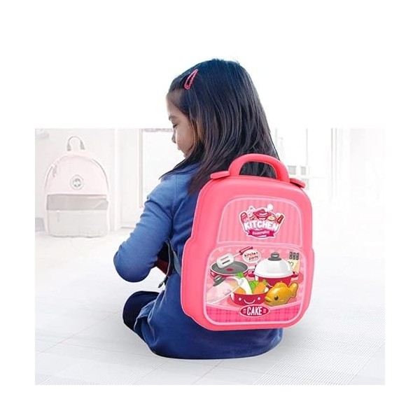 TLHWIN Ensemble de Jouets de Jeu de Batterie de Cuisine en Plastique Sac à Dos Portable pour Enfants Semblant de Couper des A