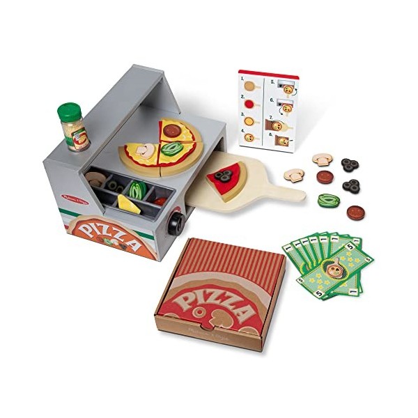 Melissa & Doug Jouet Pizzeria, Jouets de nourriture en bois et accessoires de cuisine pour enfants, Montessori, Pizza en bois