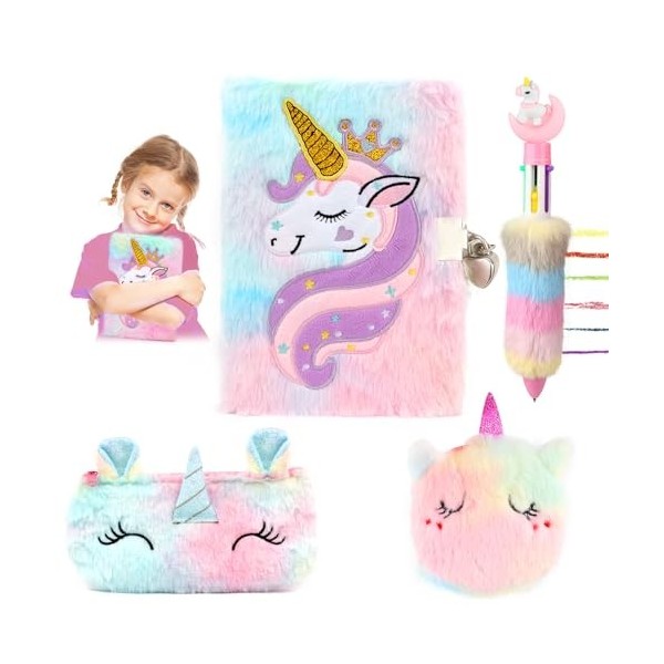 VFANDV Journal Intime Fille avec Cadenas, Ensemble de Cahier de Licorne en Peluche et Un Stylo Multicolore, Agenda Secret pou