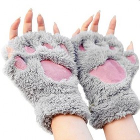 Femme Gants Mignon Mitaines Hiver Motif Patte d’Ours Adorable Gants en Peluche Chaud Joli Gants Demi-doigt Griffe de Chat Jou
