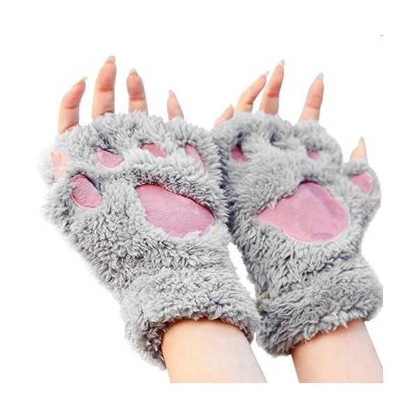 Femme Gants Mignon Mitaines Hiver Motif Patte d’Ours Adorable Gants en Peluche Chaud Joli Gants Demi-doigt Griffe de Chat Jou