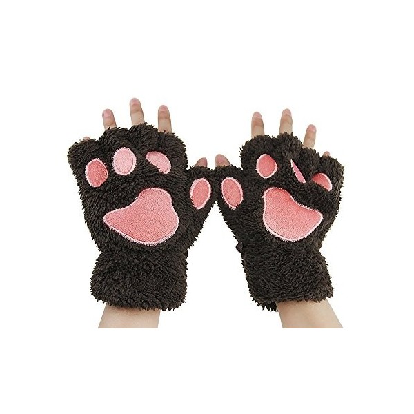 Femme Gants Mignon Mitaines Hiver Motif Patte d’Ours Adorable Gants en Peluche Chaud Joli Gants Demi-doigt Griffe de Chat Jou