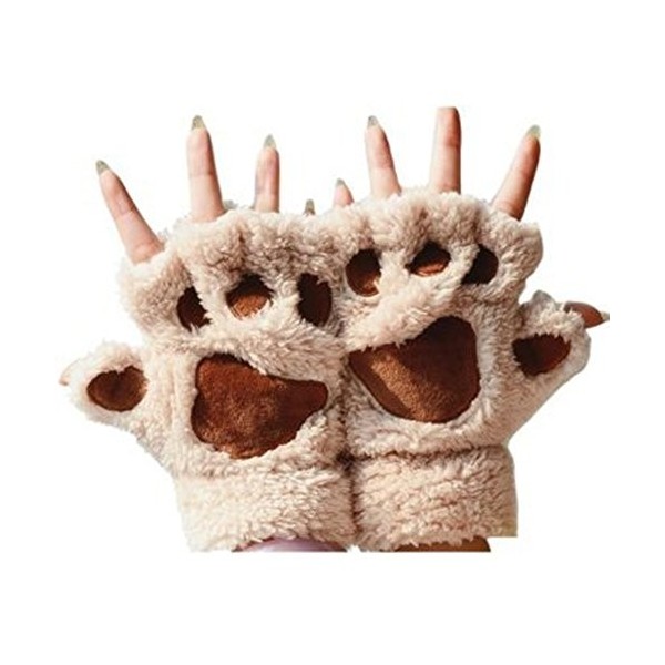 Femme Gants Mignon Mitaines Hiver Motif Patte d’Ours Adorable Gants en Peluche Chaud Joli Gants Demi-doigt Griffe de Chat Jou