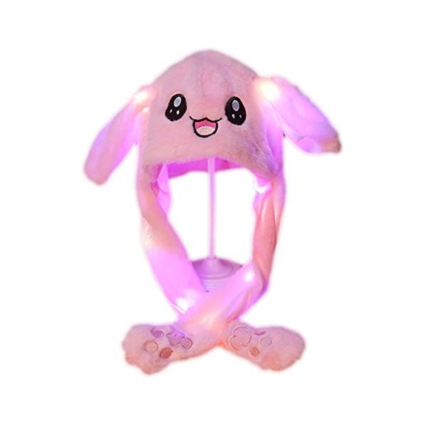 LLLucky Light Up Bonnet en Peluche avec Oreilles Mobiles Cartoon Bunny Panda LED Earflap Cap Rose avec lumière LED