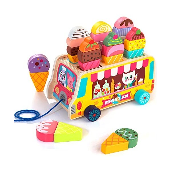 WOODMAM Camion de crème glacée en Bois pour Enfant, 28pcs magnétique Faire Semblant de Jouer de la Nourriture et des Accessoi