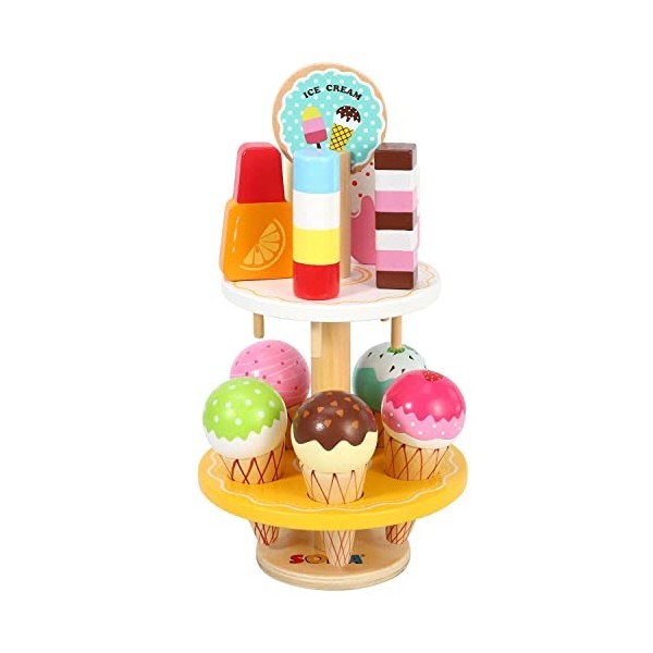 SOKA Support à glace en bois 16 pièces Collection Popsicle Jeu de rôle coloré Variété Sucettes Magasin de nourriture Ensemble