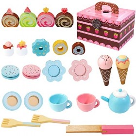 WOODMAM Jouets en Bois pour Le thé 30 pièces de Nourriture pour Princesse Jouets pour Le thé Comprend des Desserts des gâteau