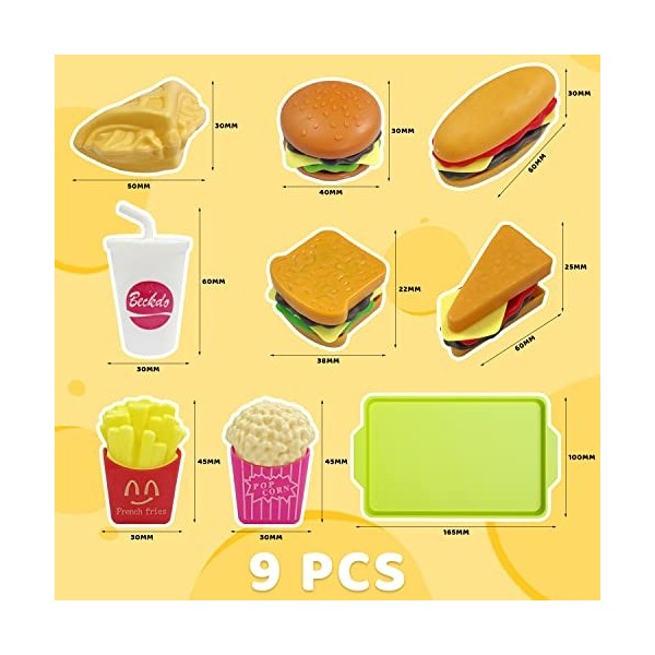 9pcs Simulation Food Toys Set, Mini Kids Kitchen, Kids Role Play Food Toys, Hamburger Hot Dog French Fries Tray Gift Set, Con