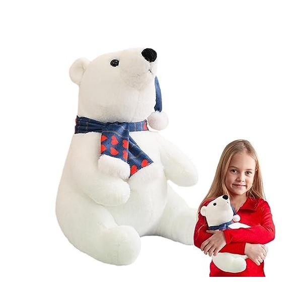 30CM Ours Polaire en Peluche, Jouet en Peluche Ours Polaire Réaliste, Peluche Jouet Ours Polaire de Noël avec écharpe, Oreill