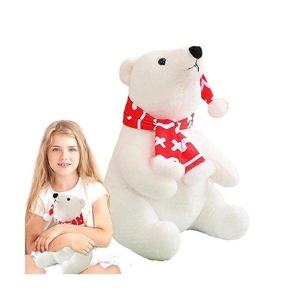 30CM Ours Polaire en Peluche, Jouet en Peluche Ours Polaire Réaliste, Peluche Jouet Ours Polaire de Noël avec écharpe, Oreill