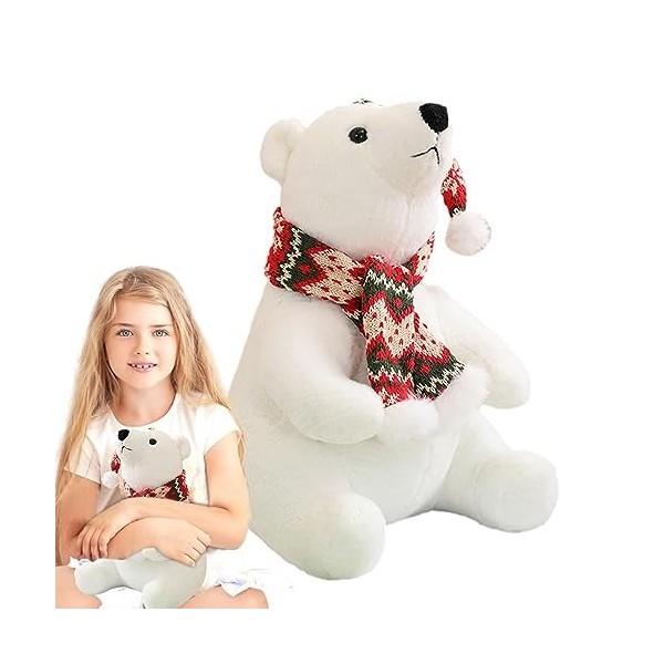 30CM Ours Polaire en Peluche, Jouet en Peluche Ours Polaire Réaliste, Peluche Jouet Ours Polaire de Noël avec écharpe, Oreill