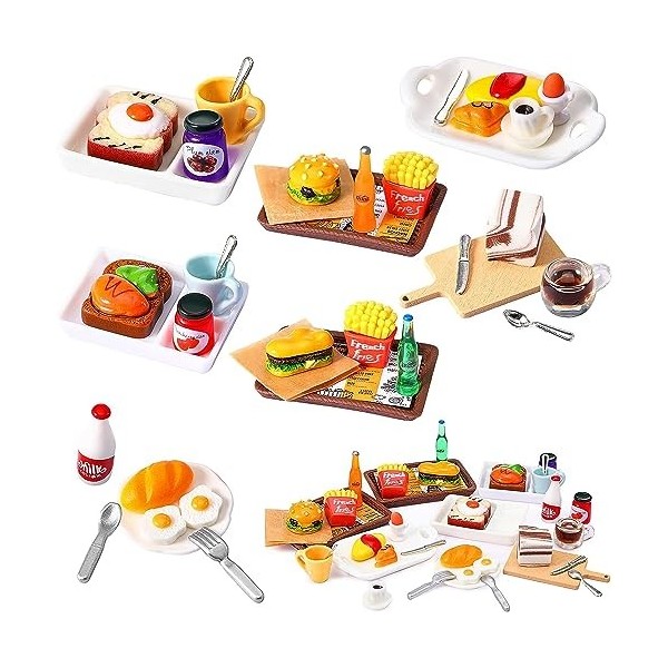 Accessoires de Cuisine Miniatures, Accessoires de Cuisine de Noël Miniature  avec Miniature Frites Hamburger œuf Pain Lait, 1