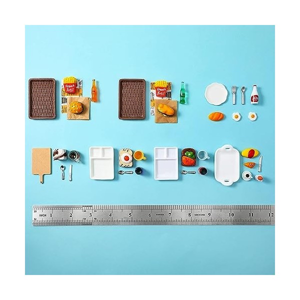 Accessoires de Cuisine Miniatures, Accessoires de Cuisine de Noël Miniature  avec Miniature Frites Hamburger œuf Pain Lait, 1