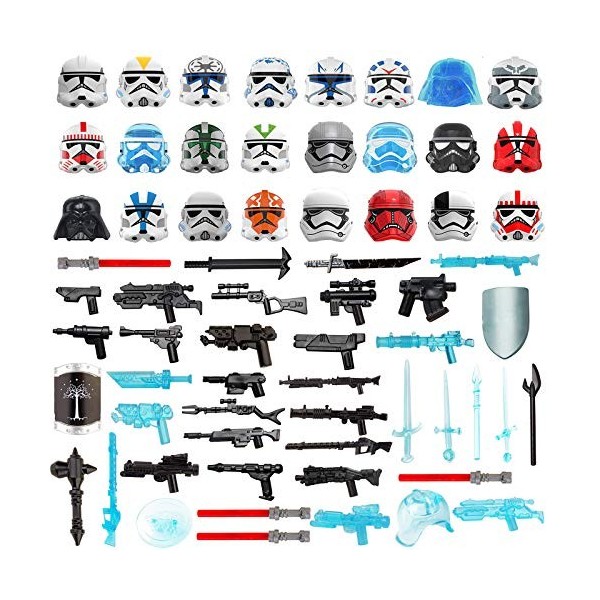 WWEI Lot de 65 casques, armure de chevalier et armes personnalisées pour mini figurines de chevalier SWAT, compatible avec Le