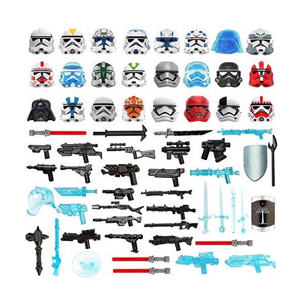 WWEI Lot de 65 casques, armure de chevalier et armes personnalisées pour mini figurines de chevalier SWAT, compatible avec Le