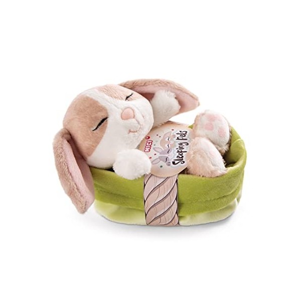 NICI- Lapin en Peluche Sleeping Pets à Caramel dans Un Panier pêche 12cm, 48708