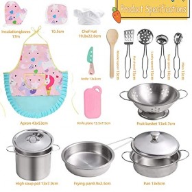 Accessoire Cuisine Enfant, Chef Jeu de rôleUstensiles de Cuisine Jouet en Bois avec Acier Inoxydable Casseroles et Poêles Cui