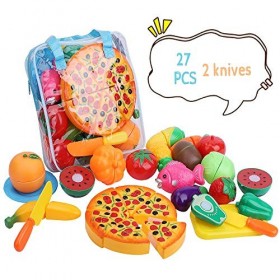 Kingdommax Coupe Jouer Alimentaire Cuisine Faire Semblant, 27 Pièce en Plastique Fruits légume Cuisine Coupe Jouet Ensemble E