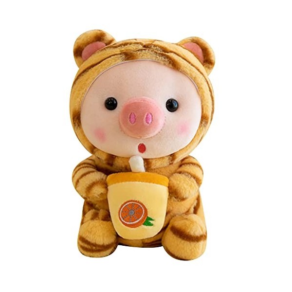 BYNYXI 25 cm Peluche Cochon, Kawaii Oreiller en Peluche Peluche Pingouin Grenouille Cochon Peluche avec Tasse à Thé au Lait A