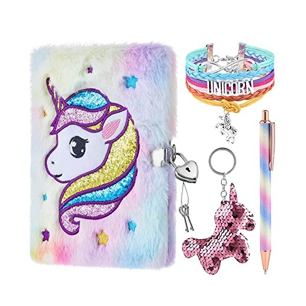 WERNNSAI Ensemble de cahier de licorne en peluche - Cahiers pour filles Agenda privé Broderie Voyage scolaire bloc-notes Styl