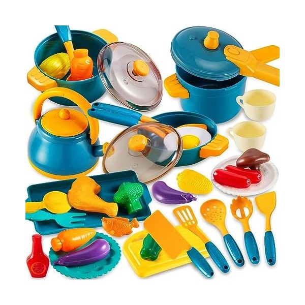 LINFUN KIDS Jouet Accessoire Cuisine Enfant avec Pots et Casseroles, Ustensiles de Cuisine Jouets Aliment Dinette, Chef Jeu d