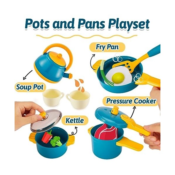 LINFUN KIDS Jouet Accessoire Cuisine Enfant avec Pots et Casseroles, Ustensiles de Cuisine Jouets Aliment Dinette, Chef Jeu d