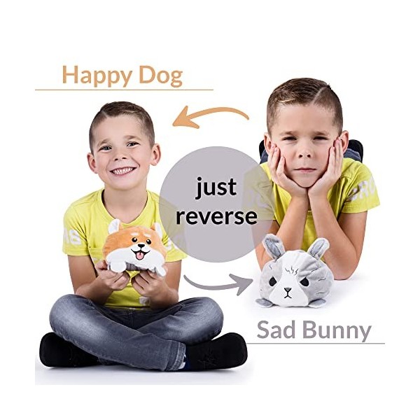 Adorable jouet réversible en forme de chien contre lapin Double face Pour exprimer une humeur triste et heureuse Jouets en pe