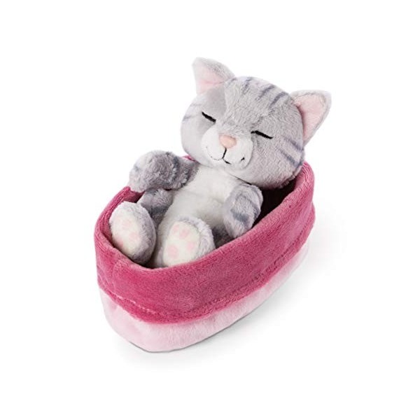 NICI Peluche Sleeping Kitties Chat 12 cm, Gris, dans Un Panier Rose et Violet