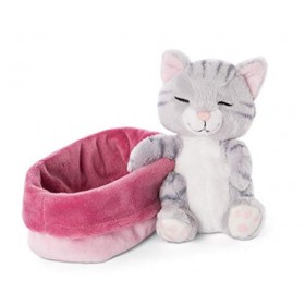 NICI Peluche Sleeping Kitties Chat 12&nbsp;cm, Gris, dans Un Panier Rose et Violet