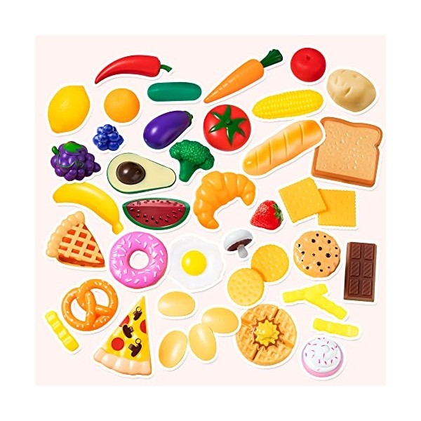 Joyin 50 Pièces Ensemble de Jouets de Cuisine, Dînette, Fruits légumes factices, Accessoires en Plastique pour Enfants Jouet 