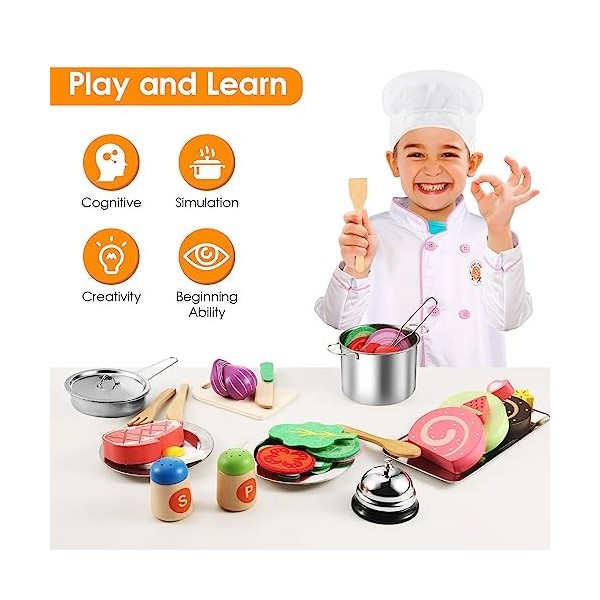 EFO SHM Accessoire Cuisine Enfant, Jouet de Cuisine en Bois Enfant, Ustensile Cuisine Enfant en Bois, Kit Cuisine Enfant Chef