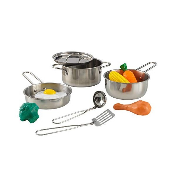 KidKraft Ensemble Batterie de Cuisine Enfant Deluxe en Métal, Ustensiles de Cuisine et Jouet Aliments, Accessoire pour Dinett