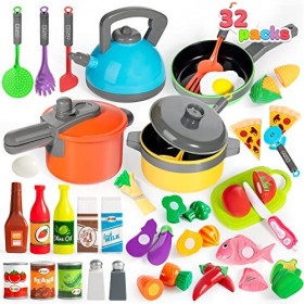 JOYIN 36 pièces Ensemble de Cuisine pour Enfants, Jouet de Simulation de Nourriture, Ensemble de Batterie de Cuisine Ustensil