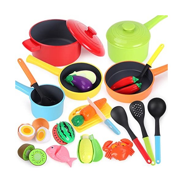 GILOBABY Kit Cuisine Enfant, Accessoire Cuisine Enfant avec Fruits, Légumes, Ustensile, Pots et Casseroles, Jouet Aliment Jeu