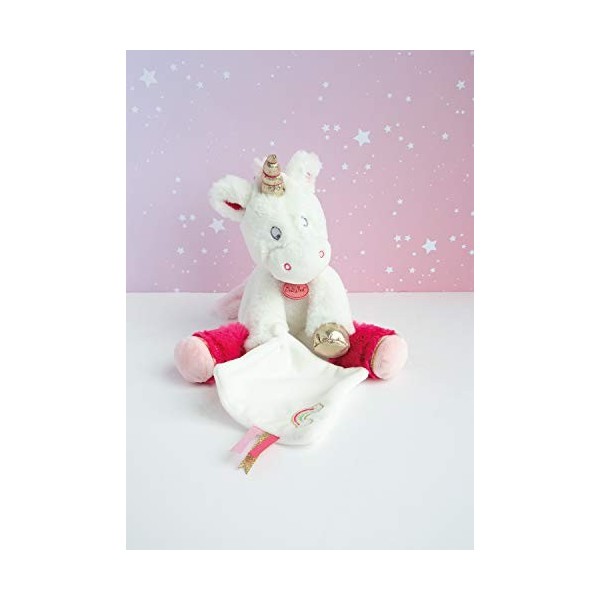 BABY NAT - Peluche Licorne avec Doudou Mouchoir - 30 cm - Blanc/Rose - Cadeau Naissance Fille - Licorne Arc en Ciel - BN0321