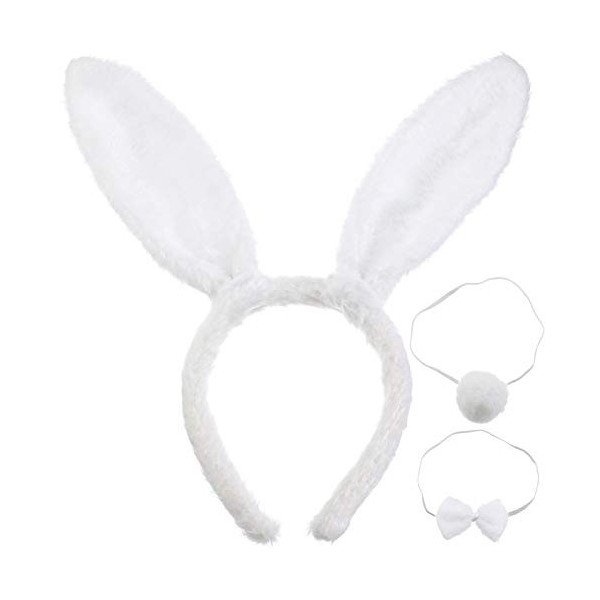 Costume Lapin Accessoires - Bandeau Oreilles, Collier Nœud, Poignets, Queue - Blanc/noir - Pour Fête, Déguisement
