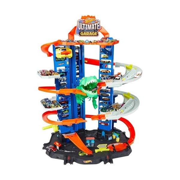 Hot Wheels City Super Dino Robot Garage avec T-Rex, pour contenir jusqu’à 100 petites voitures, plusieurs étages et modes de 