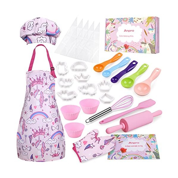 Anpro Ensemble de Cuisine et pâtisserie pour Enfants, Jeu de rôle pour Enfants de 3 à 12 Ans, Tablier Cuisine Enfant, Toque d