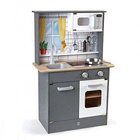 Hape Kitchen with Light and Sound Kids Pretend Cooking Toy Play Set with Electronic Accessories, Gray, 89,5x60x30 cm